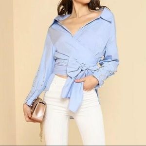 Zara Pearl Sleeve Wrap Button Up